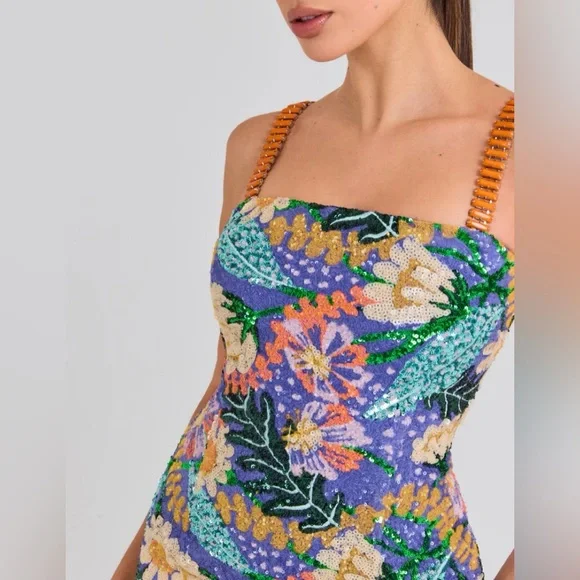 NWT Nadine Merabi Lyra Floral Sequin Mini Dress Beaded Colorful Sz 4 - Picture 4 of 16